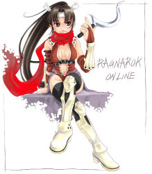 Rule 34 | 1girl, armored boots, assassin cross (ragnarok online), belt, black belt, black eyes, black hair, black thighhighs, boots, bridal gauntlets, brown bridal gauntlets, brown leotard, cape, closed mouth, copyright name, crossed legs, full body, high ponytail, holding, holding sword, holding weapon, kuboshun, leotard, long hair, looking afar, looking to the side, medium bangs, navel, parted bangs, plunging neckline, purple cape, ragnarok online, red scarf, revealing clothes, scarf, shotel, simple background, smile, solo, sword, thighhighs, torn clothes, torn scarf, very long hair, waist cape, weapon, white background