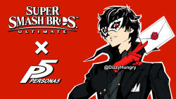 1boy, amamiya ren, black coat, black hair, border, coat, copyright name, dizzyhungry, eye mask, gloves, grey shirt, holding, holding letter, letter, logo, long sleeves, looking at viewer, male focus, nintendo, open clothes, open coat, persona, persona 5, red border, red gloves, shirt, short hair, smash invitation, smile, solo, super smash bros., twitter username