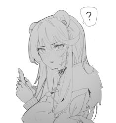 Rule 34 | 1girl, ?, animal ears, arknights, armband, bear ears, bear girl, blush, collar, earbuds, earphones, elsi, fur trim, greyscale, hair between eyes, headphones for animal ears, holding, holding phone, long hair, looking at viewer, monochrome, phone, simple background, solo, spoken question mark, upper body, v-shaped eyebrows, white background, zima (arknights)