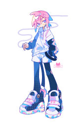 Rule 34 | 1boy, absurdres, artist logo, black pantyhose, blue eyes, blue hair, blue pupils, cigarette, closed mouth, commentary request, full body, heterochromia, highres, holding, holding cigarette, hood, hoodie, layered sleeves, long sleeves, male focus, mismatched pupils, multicolored hair, original, pantyhose, pink hair, pink pupils, raito-kun (uenomigi), short hair, short over long sleeves, short sleeves, shorts, simple background, smoke, uenomigi, white background, white hoodie, white shorts