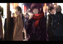 Rule 34 | 1girl, blush, city lights, frown, girls&#039; frontline, highres, letterboxed, long hair, looking away, night, official alternate costume, purple hair, red eyes, road, scarf, selcky, sky, solo, standing, street, wa2000 (date in the snow) (girls&#039; frontline), wa2000 (girls&#039; frontline), winter, winter clothes