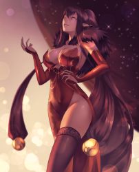 Rule 34 | 1girl, absurdly long hair, alternate costume, ark ford, black hair, black thighhighs, bridal gauntlets, dress, elbow gloves, fate/apocrypha, fate/grand order, fate (series), fur trim, gloves, highres, long dress, long hair, pointy ears, red dress, red gloves, semiramis (fate), side slit, solo, strapless, strapless dress, thighhighs, very long hair, yellow eyes
