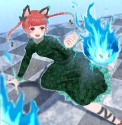 Rule 34 | 1girl, :d, animal ears, arm support, blue fire, bow, braid, cat ears, dress, fire, floating hair, foreshortening, green dress, highres, hitodama, kaenbyou rin, leg ribbon, mogemono, multiple tails, open mouth, perspective, red eyes, red hair, ribbon, sitting, skull, smile, solo, tail, touhou, twin braids, yokozuwari