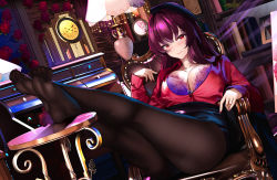 Rule 34 | 1girl, absurdres, bad id, bad pixiv id, beret, book, bookshelf, bra, breasts, chair, cleavage, clock, collarbone, commentary request, crossed legs, desk, drawing (object), fate/grand order, fate (series), feet, flower, full body, hair intakes, hat, highres, indoors, jinpaitugounan, lamp, large breasts, legs, legs up, light blush, long hair, long sleeves, looking at viewer, nail polish, no shoes, pantyhose, purple bra, purple hair, red eyes, rose, scathach (fate), sitting, skirt, smile, soles, solo, stool, toes, unbuttoned, unbuttoned shirt, underwear, very long hair