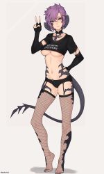 Rule 34 | 1girl, absurdres, artist name, au ra, au ra xaela, black choker, black eyes, black gloves, black nails, black shirt, black shorts, breasts, choker, clothes writing, commentary, commission, crop top, elbow gloves, english commentary, final fantasy, final fantasy xiv, fingerless gloves, fishnet thighhighs, fishnets, full body, garter straps, gloves, hand on own hip, head tilt, heterochromia, highres, horns, light smile, looking at viewer, medium breasts, meolucky147, micro shorts, nail polish, navel, no shoes, pink eyes, purple hair, scales, shirt, short hair, short sleeves, shorts, simple background, solo, standing, stomach, tail, thighhighs, toenail polish, toenails, underboob, v, warrior of light (ff14)