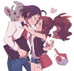 Rule 34 | 1boy, 1girl, bag, baseball cap, belt, blush, brown hair, cheren (pokemon), closed mouth, collared shirt, commentary request, creatures (company), eye contact, eyelashes, face-to-face, game freak, gen 5 pokemon, hat, heart, highres, hilda (pokemon), holding, long hair, looking at another, minccino, misha (ohds101), necktie, nintendo, pants, pokemon, pokemon (creature), pokemon bw, pokemon bw2, ponytail, red neckwear, shirt, shorts, sidelocks, smile, unworn hat, unworn headwear, vest, white shirt, wristband