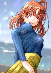 Rule 34 | 1girl, absurdres, highres, long sleeves, looking at viewer, love live!, love live! sunshine!!, medium hair, minami saan, open mouth, orange hair, red eyes, smile, solo, takami chika