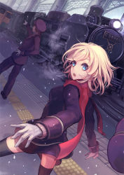Rule 34 | 1boy, 1girl, bad id, bad pixiv id, gloves, jacket, locomotive, original, pointing, red scarf, scarf, skirt, solo focus, steam locomotive, ta-to (sprout), tactile paving, thighhighs, train, train station, zettai ryouiki