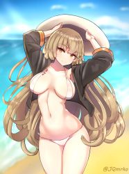 Rule 34 | 1girl, arms up, beach, bikini, black jacket, body writing, breasts, breasts apart, brown hair, collarbone, cowboy shot, day, girls&#039; frontline, hat, head tilt, highres, holding, holding clothes, holding hat, jacket, large breasts, long hair, looking at viewer, m37 (girls&#039; frontline), m37 (summer parader) (girls&#039; frontline), manme, micro bikini, navel, ocean, official alternate costume, open clothes, open jacket, orange eyes, outdoors, smile, solo, stomach, sun hat, swimsuit, twitter username, unworn hat, unworn headwear, very long hair, white bikini, zipper pull tab