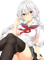 Rule 34 | 1girl, absurdres, ass, black thighhighs, braid, commentary request, copyright request, frown, glasses, grey skirt, highres, long hair, looking at viewer, low-tied long hair, pink eyes, school uniform, serafuku, shirt, simple background, skirt, solo, thighhighs, tries, twin braids, twintails, white background, white hair