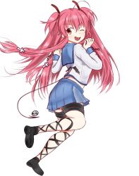 Rule 34 | ;d, angel beats!, bat ornament, black footwear, blouse, blue shirt, blue skirt, blue sleeves, cross hair ornament, demon tail, dress, fang, from side, full body, hair ornament, hairband, highres, jumping, leg up, one eye closed, open mouth, pink hair, red eyes, red hairband, sailor dress, school uniform, serafuku, shirt, signature, simple background, skirt, smile, solo, tail, thigh strap, tongue, twintails, two side up, white background, yui (angel beats!), zeno