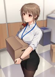 Rule 34 | 1girl, bags under eyes, black pantyhose, black skirt, box, bra visible through clothes, braid, braided ponytail, breast rest, breasts, brown hair, carried breast rest, carrying, hair ornament, hair scrunchie, highres, idolmaster, idolmaster cinderella girls, indoors, kamille (vcx68), lanyard, medium breasts, pantyhose, pencil skirt, scrunchie, senkawa chihiro, shirt, side ponytail, skirt, sleeves rolled up, solo, watch, white shirt, wristwatch