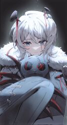 Rule 34 | 1girl, black jacket, blue eyes, claws, closed mouth, commentary request, dark background, e.g.o (project moon), faust (project moon), fur-trimmed jacket, fur trim, grey hair, highres, jacket, korean commentary, limbus company, looking at viewer, nail, object through head, pmoonsaranghae, project moon, red ribbon, ribbon, short hair, solo, stitches, stuffed animal, stuffed toy, teddy bear