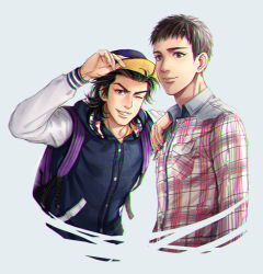 Rule 34 | 2boys, ;), backpack, bag, baseball cap, black eyes, black hair, brown eyes, brown hair, casual, closed mouth, collared shirt, commentary request, cropped torso, grey background, grin, hand on another&#039;s shoulder, hat, hood, hood down, hooded jacket, jacket, jin soichiro, kiyota nobunaga, long neck, long sleeves, male focus, moonjjj, multicolored clothes, multicolored jacket, multiple boys, one eye closed, plaid, plaid shirt, purple headwear, school bag, shirt, short hair, simple background, sketch, slam dunk (series), smile, upper body