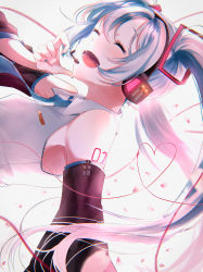 Rule 34 | 1girl, :d, absurdres, black sleeves, blue hair, blue nails, blue necktie, blush, cherry blossoms, closed eyes, collared shirt, detached sleeves, floating hair, gradient hair, grey shirt, hair between eyes, hair ornament, hatsune miku, headphones, headset, highres, long hair, long sleeves, mahiru yura, microphone, multicolored hair, nail polish, necktie, open mouth, pink hair, shirt, sleeveless, sleeveless shirt, smile, solo, twintails, upper body, very long hair, vocaloid, white background, wing collar