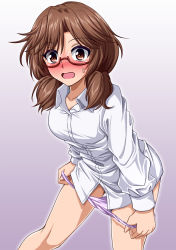 Rule 34 | 1girl, brown eyes, brown hair, commentary, cowboy shot, dress shirt, embarrassed, getting dressed, glasses, gradient background, highres, leaning forward, long sleeves, looking at viewer, low twintails, no pants, panties, panty pull, pulling own clothes, purple background, purple panties, red-framed eyewear, semi-rimless eyewear, shirt, solo, sweatdrop, touhou, twintails, under-rim eyewear, underwear, usami sumireko, white shirt, wing collar, zanntetu