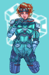 Rule 34 | 1girl, apex legends, black gloves, blue background, blue eyes, cowboy shot, gloves, goggles, goggles on head, horizon (apex legends), light smile, looking to the side, mikepo, orange hair, short hair, solo, spacesuit