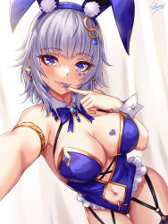 Rule 34 | + +, animal ears, armlet, blue eyes, bow, bowtie, breasts, cleavage, clothing cutout, collar, earrings, finger to mouth, garter straps, highres, jewelry, large breasts, leotard, lips, looking at viewer, mole, mole under mouth, nail polish, navel, navel cutout, original, outstretched arm, playboy bunny, rabbit ears, sakiyamama, sleeve cuffs, tattoo, thigh gap, thighs, white hair
