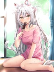 Rule 34 | 1girl, animal ear fluff, animal ears, bad id, bad pixiv id, barefoot, between legs, blush, brown eyes, cat ears, cat girl, cat tail, collarbone, curtains, day, eating, feet out of frame, food, grey hair, hair between eyes, hand between legs, highres, holding, holding food, ice cream, indoors, long hair, murano, off shoulder, on floor, one side up, original, pink shirt, shirt, short sleeves, sitting, solo, spilling, sweat, tail, very long hair, wariza, window, wing hair ornament, wooden floor