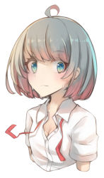 Rule 34 | 1girl, ahoge, blue eyes, breasts, cleavage, collared shirt, comah, cropped torso, dress shirt, gradient hair, grey hair, looking at viewer, multicolored hair, original, red hair, shirt, short sleeves, simple background, smile, solo, sweat, upper body, white background, white shirt