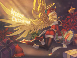 Rule 34 | 1girl, angel, angel wings, animal, archangel (p&amp;d), back, bare shoulders, black pantyhose, blonde hair, blue eyes, bow, box, braid, christmas, christmas tree, feathered wings, flower, flying, fur trim, gift, gift box, glasses, glowing, glowing wings, hair bobbles, hair ornament, halo, hat, high heels, highres, holding, holding gift, jewelry, leg warmers, long hair, long sleeves, looking at viewer, merry christmas, pantyhose, poinsettia, pom pom (clothes), puzzle &amp; dragons, red-framed eyewear, red footwear, red skirt, ring, rotix, santa costume, santa hat, shoes, skirt, solo, star (symbol), twin braids, wallpaper, wings, yellow wings