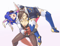 Rule 34 | 2girls, animal ears, blue hair, blush, breasts, brown eyes, brown hair, catria (fire emblem), closed eyes, detached collar, fake animal ears, fire emblem, fire emblem: mystery of the emblem, fire emblem fates, fire emblem heroes, hair over one eye, jaegan, jewelry, kagero (fire emblem), kagero (spring) (fire emblem), large breasts, leotard, long hair, medium breasts, multiple girls, nintendo, open mouth, pantyhose, playboy bunny, ponytail, rabbit ears, rabbit tail, smile, strapless, strapless leotard, submission hold, tail, wrestling