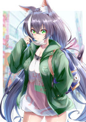 Rule 34 | 1girl, absurdres, animal ear fluff, animal ears, black hair, blurry, blurry background, blush, breasts, cat ears, cat girl, cat tail, cleavage, collarbone, green eyes, green jacket, hair between eyes, hand up, highres, jacket, karyl (princess connect!), karyl (real) (princess connect!), long hair, looking at viewer, low twintails, mask, mouth mask, multicolored hair, princess connect!, pulled by self, signature, solo, streaked hair, tail, tail raised, takemura kou, twintails, very long hair, wavy mouth, white hair, white mask
