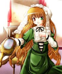Rule 34 | 00s, 1girl, brown hair, corset, dress, drill hair, flat chest, frills, green dress, green eyes, hat, heterochromia, lolita fashion, long hair, red eyes, ribbon, rozen maiden, smile, solo, straightchromia, suiseiseki, twin drills, twintails, very long hair, watering can