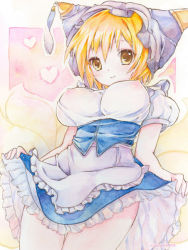 Rule 34 | 1girl, alternate costume, animal ears, apron, artist name, blonde hair, blush, breasts, brown eyes, clothes lift, corset, covered erect nipples, dutch angle, enmaided, fox ears, fox tail, hat, heart, large breasts, looking at viewer, maid, maid apron, maromaro0908, mob cap, multiple tails, painting (medium), puffy sleeves, see-through, short hair, short sleeves, skirt, skirt lift, smile, solo, tail, touhou, traditional media, waist apron, watercolor (medium), yakumo ran