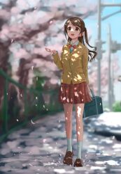 Rule 34 | 1girl, absurdres, blazer, blurry, blurry background, blush, bow, bowtie, brown footwear, brown hair, brown jacket, cherry blossoms, falling petals, full body, highres, idolmaster, idolmaster cinderella girls, jacket, long sleeves, looking up, makotr315, one side up, outdoors, petals, red bow, red bowtie, red skirt, school uniform, shimamura uzuki, skirt, smile, socks, solo, utility pole, white socks