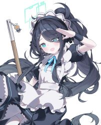 Rule 34 | :d, absurdres, apron, aris (blue archive), aris (maid) (blue archive), arm up, black dress, black hair, blue archive, blue eyes, blue ribbon, blush, dress, frilled apron, frills, garter straps, highres, long hair, neck ribbon, open mouth, ponytail, puffy short sleeves, puffy sleeves, ribbon, short sleeves, simple background, smile, thighhighs, tiko (idadsa91), very long hair, white background, white thighhighs, wrist cuffs