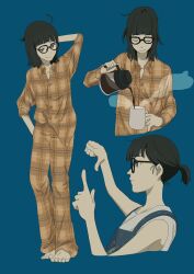 Rule 34 | 1girl, arm behind head, barefoot, black hair, blue background, blunt bangs, buttons, closed eyes, closed mouth, coffee, cup, glasses, highres, holding, holding cup, messy hair, mug, multiple views, orange pajamas, orange pants, orange shirt, original, pajamas, pants, pouring, profile, shirt, short ponytail, simple background, smile, standing, steam, toma ssk