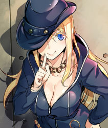 Rule 34 | 10s, 1girl, ajishio, ayase eli, blonde hair, blue eyes, blush, breasts, cleavage, coat, colored eyelashes, diamond princess no yuuutsu, finger to mouth, hat, hat over one eye, large breasts, long hair, looking at viewer, love live!, love live! school idol festival, love live! school idol project, nipples, ponytail, smile, solo, upper body