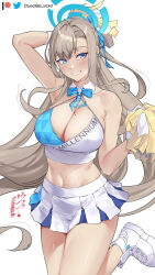 1girl asuna_(blue_archive) blonde_hair blue_archive blue_bow blue_bowtie blue_eyes bow bowtie breasts cheerleader cleavage crop_top damobelmont grin halo highres large_breasts long_hair midriff miniskirt mole mole_on_breast navel pom_pom_(cheerleading) shoes simple_background skirt smile very_long_hair white_background