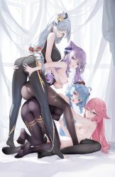 Rule 34 | 4girls, absurdres, ahoge, alternate costume, animal ears, aqua eyes, ass, ass grab, bare arms, black pantyhose, black thighhighs, blouse, blue hair, blush, bodystocking, bodysuit, grabbing another&#039;s breast, breasts, cameltoe, cone hair bun, curtains, feet, fox ears, from behind, ganyu (genshin impact), genshin impact, gold trim, grabbing, hair bun, hair over one eye, haku89, highres, horns, keqing (genshin impact), keqing (opulent splendor) (genshin impact), kneeling, long hair, looking at viewer, lying, medium breasts, multiple girls, nipples, no shoes, on back, open mouth, pantyhose, parted lips, pink hair, purple eyes, pussy, revision, shenhe (genshin impact), shirt, sideboob, sidelocks, smile, soles, standing, thigh grab, thighhighs, thighlet, thighs, toes, twintails, underboob, vision (genshin impact), white shirt, yae miko