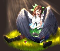 Rule 34 | 1girl, bird wings, blouse, boots, bow, breasts, brooch, brown hair, brown pantyhose, cape, drooling, feathered wings, frilled skirt, frills, green skirt, hair bow, hands on own thighs, head tilt, highres, impossible clothes, impossible shirt, jewelry, kaenbyou rin, kaenbyou rin (cat), large breasts, light particles, light rays, light trail, long hair, nekoda (maoda), on grass, pantyhose, puffy short sleeves, puffy sleeves, reiuji utsuho, ribbon, shirt, short sleeves, sitting, skirt, sleeping, space print, starry sky print, sunbeam, sunlight, tail, tail ornament, tail ribbon, touhou, white shirt, wings