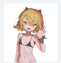 Rule 34 | 1girl, bare shoulders, bikini, bikini top only, black bikini, blonde hair, cat girl, charles (106858), collarbone, fang, flat chest, hair between eyes, highres, looking at viewer, messy hair, navel, open mouth, original, short hair, simple background, solo, stomach, swimsuit, upper body, waving, white background, yellow eyes