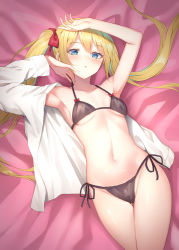 Rule 34 | 1girl, alexmaster, armpits, arms up, bare arms, bare shoulders, bed sheet, bikini, black bikini, blonde hair, blue eyes, bow, breasts, commentary request, groin, hair bow, halterneck, halterneck, long hair, long sleeves, looking at viewer, lying, navel, no pants, on back, open clothes, open shirt, original, parted lips, shirt, side-tie bikini bottom, small breasts, solo, stomach, string bikini, swimsuit, thighs, twintails, very long hair, white shirt