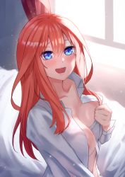 Rule 34 | 1girl, :d, ahoge, amog, areola slip, bed sheet, blue eyes, blush, breast press, breasts, collarbone, curtains, go-toubun no hanayome, hair between eyes, highres, indoors, large breasts, long hair, long sleeves, nakano itsuki, naked shirt, no bra, open clothes, open mouth, open shirt, red hair, shirt, smile, solo, undressing, upper body, white shirt, window