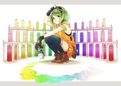 Rule 34 | 1girl, ankle boots, bad id, bad pixiv id, black thighhighs, blue thighhighs, boots, breast pocket, cross-laced footwear, gloves, goggles, goggles on head, green eyes, green hair, gumi, kei (k tmr), lace-up boots, letterboxed, matching hair/eyes, outside border, paint, piano print, pocket, rainbow order, short hair with long locks, smile, solo, spray can, squatting, thighhighs, vocaloid, white background
