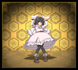 Rule 34 | 1girl, animal ears, arms up, black hair, black pantyhose, boots, capelet, carrot, dress, hand on own ear, inaba tewi, jewelry, juliet sleeves, long sleeves, looking at viewer, necklace, pantyhose, pendant, pink dress, puffy sleeves, rabbit ears, red eyes, sash, solo, touhou, umigarasu (kitsune1963)