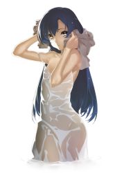 Rule 34 | 1girl, 92m, blue hair, brown eyes, dress, idolmaster, idolmaster (classic), kisaragi chihaya, long hair, open mouth, see-through, see-through silhouette, simple background, solo, towel, wet, wet clothes, white background, white dress