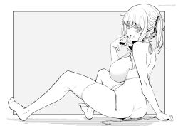 Rule 34 | 1girl, ass, from behind, grey background, greyscale, highres, kichihachi, looking at viewer, monochrome, open mouth, original, short hair, sitting, smile, solo, swimsuit, thighhighs, twintails, two-tone background, wardrobe malfunction, white background