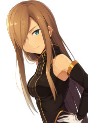 Rule 34 | 00s, 1girl, aqua eyes, black dress, breasts, brown hair, detached sleeves, dress, gloves, hair over one eye, hand on own hip, kinta (distortion), long hair, looking at viewer, simple background, smile, solo, tales of (series), tales of the abyss, tear grants, very long hair, white background, white gloves