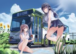 Rule 34 | 2girls, :d, barefoot, black hair, black skirt, blue sky, blush, brown hair, bus, bush, chain-link fence, day, fence, flower, highres, holding, holding hose, hood, hoodie, hose, kneeling, license plate, long hair, motor vehicle, multiple girls, open mouth, original, outdoors, parted lips, png pant (bus), ponytail, puddle, purple eyes, second-party source, shirt, skirt, sky, sleeveless, sleeveless hoodie, sleeveless shirt, smile, standing, standing on one leg, sunflower, translation request, vehicle focus, wet, white hoodie, white shirt