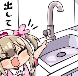 Rule 34 | &gt; &lt;, 1girl, :3, :d, apron, blush stickers, brown hair, closed eyes, collared shirt, commentary request, fang, faucet, hair ornament, hat, kanikama, long hair, lowres, natori sana, nurse cap, open mouth, outstretched arm, pink apron, pink hat, pointing, puffy short sleeves, puffy sleeves, rabbit hair ornament, sana channel, shirt, short sleeves, sink, smile, solo, translation request, two side up, v-shaped eyebrows, virtual youtuber, white shirt