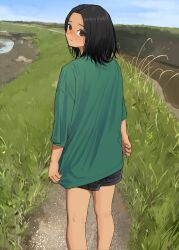 Rule 34 | 1girl, absurdres, bare legs, black hair, black shorts, blush, feet out of frame, fingerless gloves, forehead, gloves, grass, green skirt, highres, looking at viewer, looking back, mmmo3, nail polish, original, outdoors, shorts, skirt, smile