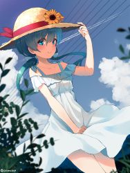 Rule 34 | alternate hairstyle, arm up, blue bow, blue eyes, blue hair, blush, bow, breasts, cloud, cloudy sky, cosmo (bousoup), day, dress, flower, foliage, hat, hat tip, hatsune miku, highres, power lines, red ribbon, ribbon, skirt hold, sky, small breasts, smile, solo, sunflower, twintails, vocaloid, white dress