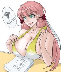 Rule 34 | 1girl, akashi (kancolle), areola slip, bare shoulders, bikini, bikini pull, breasts, cleavage, clothes pull, commentary request, dated, green eyes, hair between eyes, hair ribbon, highres, index finger raised, kantai collection, large breasts, long hair, nervous smile, pink hair, pulling own clothes, ribbon, screw, sidelocks, simple background, smile, solo, sozan, swimsuit, tress ribbon, twitter username, upper body, v-shaped eyebrows, white background, white bikini, yellow bikini