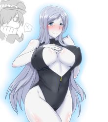 Rule 34 | 10s, 1boy, 1girl, abyssal admiral (kancolle), abyssal ship, admiral (kancolle), blue eyes, blush, breasts, covered erect nipples, front zipper swimsuit, hair over one eye, hat, i b b e, kantai collection, large breasts, long hair, looking at viewer, meme attire, one-piece swimsuit, pale skin, silver hair, smile, swimsuit, ta-class battleship, thumbs up